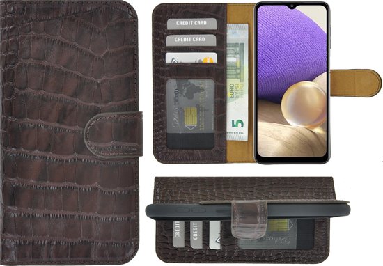 Etui Samsung A31 - Bookcase - Etui Samsung A31 Book Case Portefeuille Portefeuille Cuir Véritable Croco Marron Chocolat Couverture
