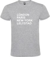 Grijs t-shirt met " London, Paris , New York, Lelystad " print Wit size XL