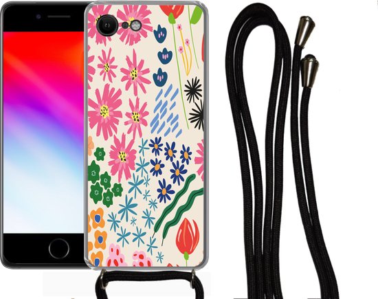 Coque avec cordon iPhone SE 2020 - Bloem - Feuilles - Fleurs sauvages - Siliconen - Bandoulière - Coque arrière avec cordon - Coque pour téléphone avec cordon - Coque avec corde