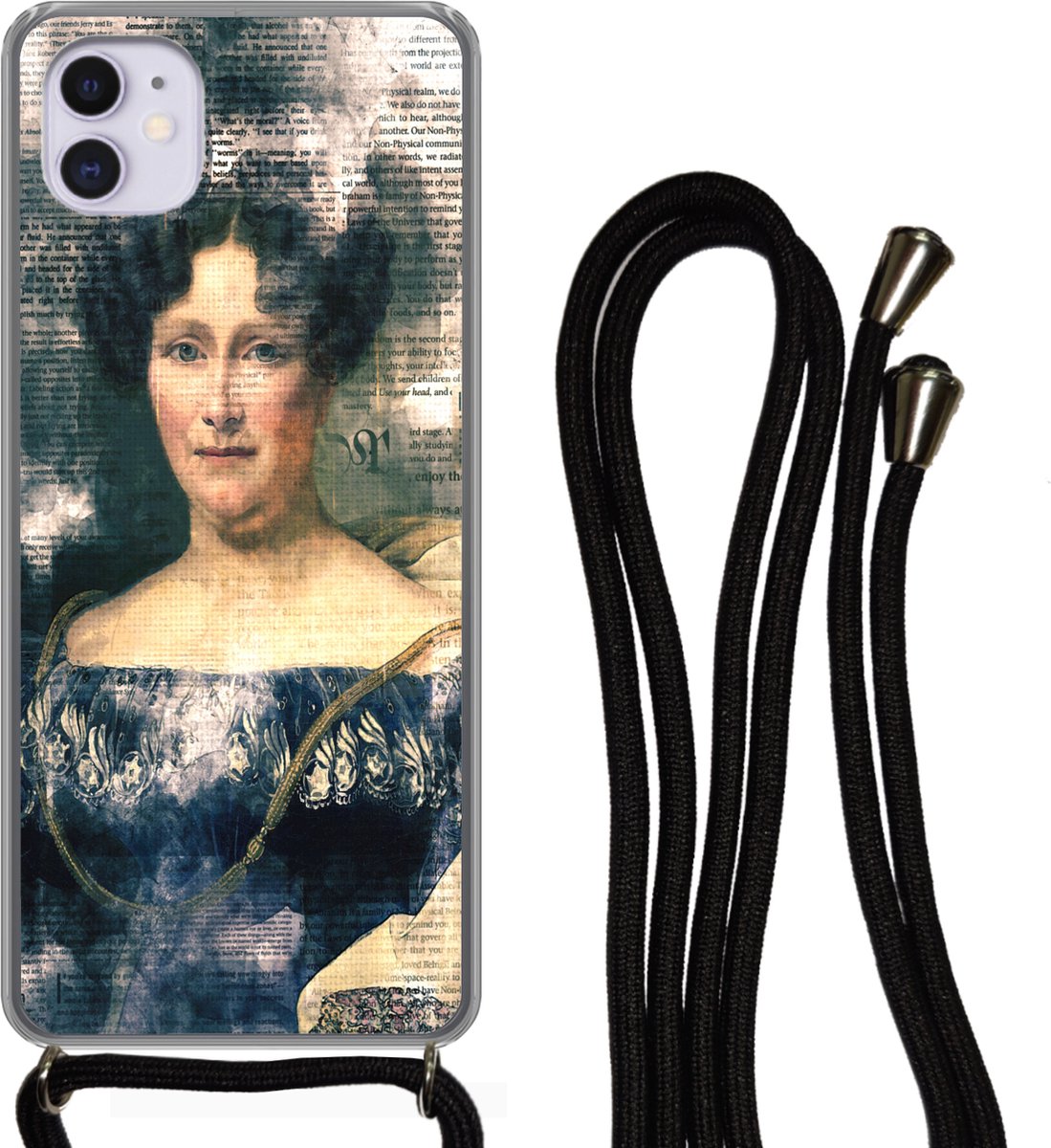 Telefoonhoesje Geschikt voor iPhone 12 - Kunst - Waterverf - Krant - Siliconen - Crossbody - Backcover met Koord - Telefoonhoesje met koord - Hoesje met touw Telefoonhoesje