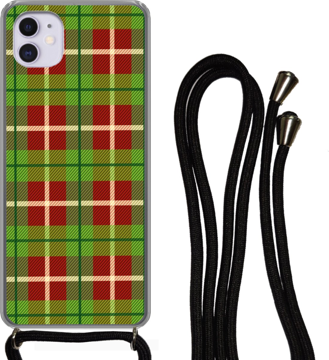 Telefoonhoesje Geschikt voor iPhone 12 - Plaid - Groen - Rood - Patroon - Siliconen - Crossbody - Backcover met Koord - Telefoonhoesje met koord - Hoesje met touw Telefoonhoesje