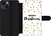 Bookcase Geschikt voor iPhone 13 Mini telefoonhoesje - Merry Christmas - Kerst - Goud - Quotes - Spreuken - Met vakjes - Wallet case met magneetsluiting