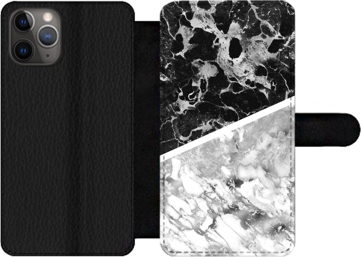 Telefoonhoesje Geschikt voor iPhone 11 Pro Max telefoonhoesje - Marmer print - Zwart - Wit - Luxe - Met vakjes - Wallet case met magneetsluiting