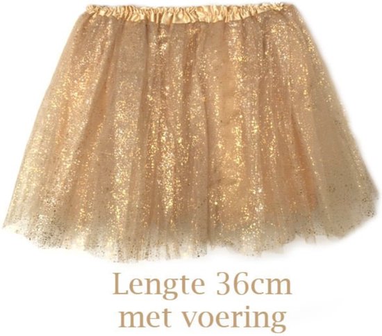 Goudkleurige glitter tutu rok met satijnen tailleband, lengte 36 cm met voering.