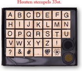 Houten Stempels - Wooden Stamp - Stempel set - Hobbystempels - 33 stempels - Inclusief Zwart & Goud Inkt - Alfabet - Cijfers - Tekenen - Knutselen - Jong/ oud.
