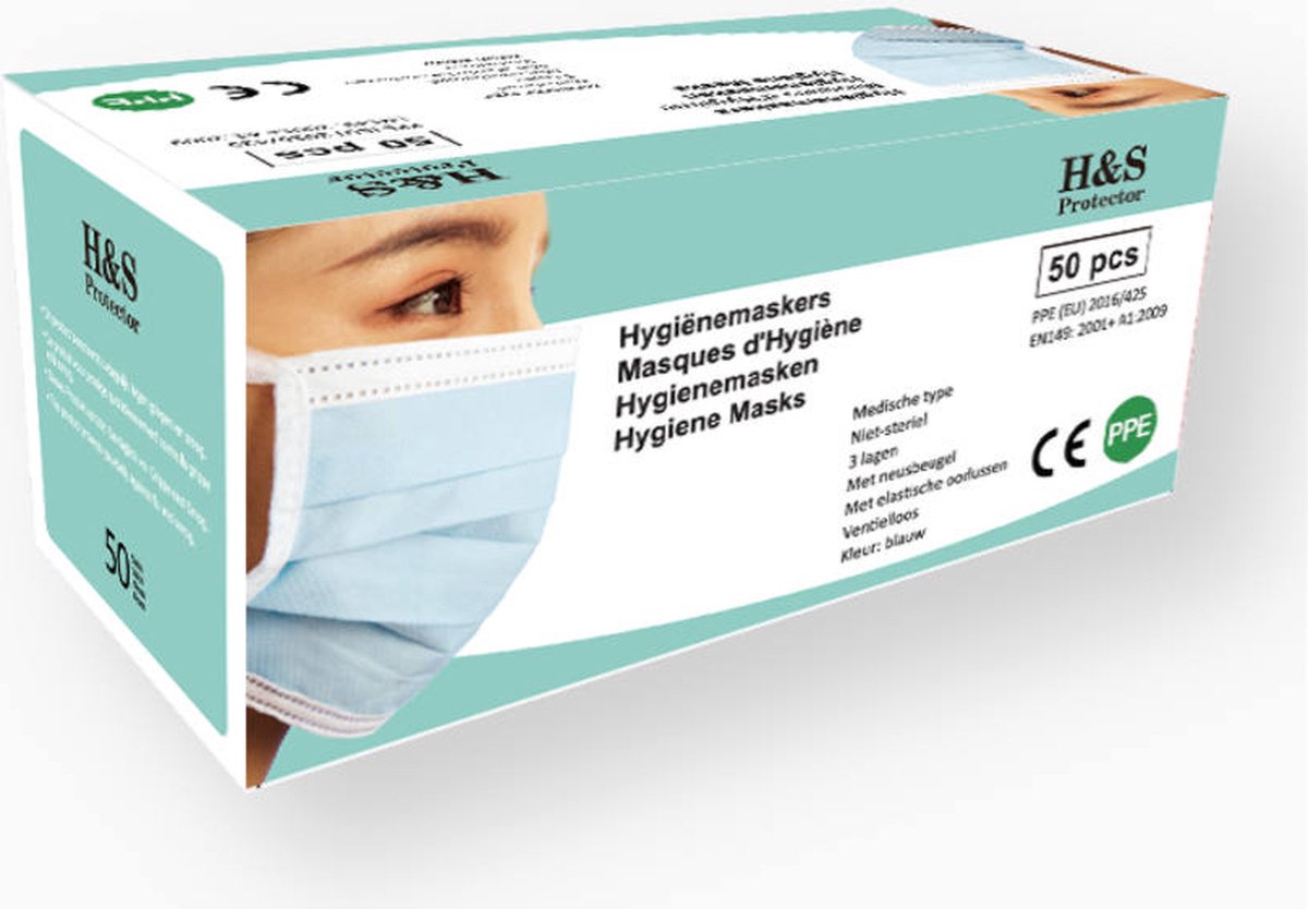 H&S Protector® - Chirurgische Mondmaskers - Chirurgische Mondkapjes - Wegwerp Mondmaskers - EN 14683 TYPE II - Blauw - Met neusbrug - 3 lagen - per 50 stuks