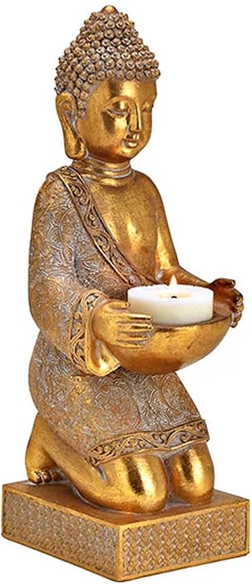 Boeddha - Budha - Boedha - Knielende Boeddha met waxinelichthouder in goudkleur
