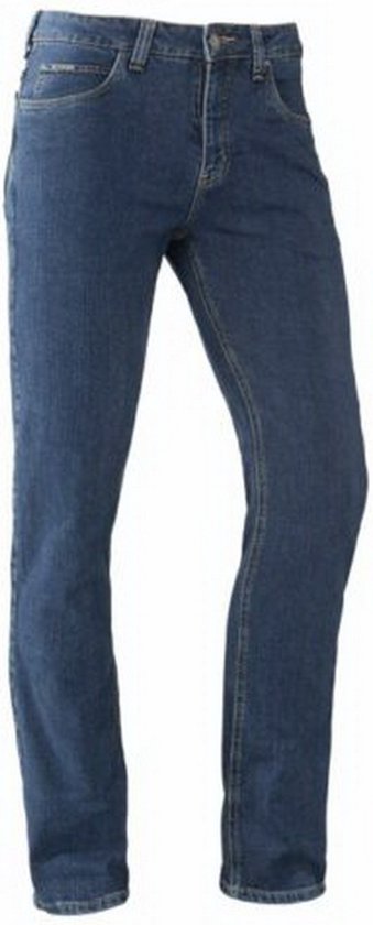 Blauwe denim jeans met vijf zakken.