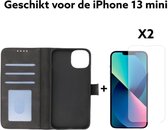 Apple Iphone 13 mini hoesje bookcase zwart met pas houder + 2x screen protector /iphone 13 mini hoesje bookcase black met kaart houder + tempert glas