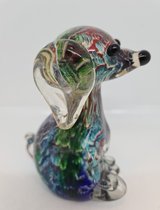 Glassculptuur Tekkel - beeld hond - 5x8x15 - multicolor - mondgeblazen glazen kunstwerk