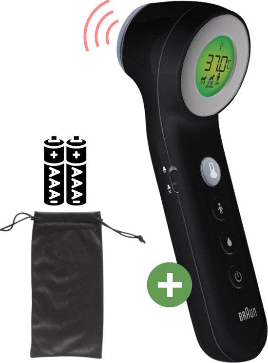 Braun Digitale Thermometer + Handige Opbergetui - Voorhoofdthermometer - Age Precision technologie - Contactloze Meting - Geschikt voor Baby's, Kinderen & Volwassenen - Koortsindicator met Leeftijdsinstelling - Met Stiltemodus - BNT400 - Zwart
