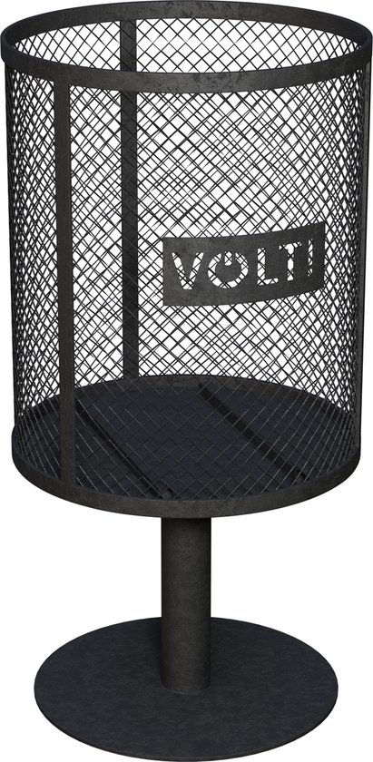 Zwarte metalen staande vuurkorf met VOLT! logo.