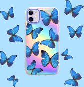 iPhone 13 Hoesje - Holografisch Telefoonhoesje - TPU Backcover- Vlinders - Blauw