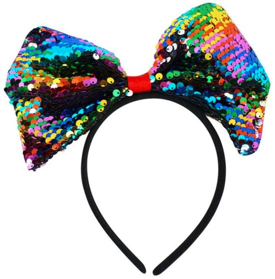 Zwarte diadeem met grote strik versierd met veelkleurige pailletten en een rood accent.