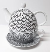 Theepot Tea for one set in zwart wit met retro print in boogjes
