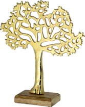 Decoratie levensboom van aluminium op houten voet 30 cm goud - Tree of life