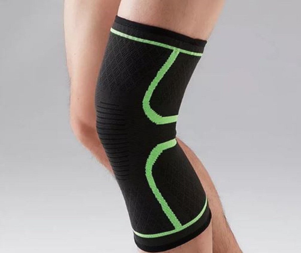 Elastische Knieband Kniebrace - Zwart met groene Rand - Maat S - verkrijgbaar in S/M/L/XL check de maattabel - Strak en Comfortabele steun - Knie compressie - Steun kniebanden - kniebescherming - Elastische kous voor om je knie