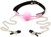 BDSM Ballgag met Tepelklemmen aan Ketting - Roze