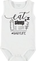 Baby Rompertje met tekst 'Eat, sleep, be happy' | mouwloos l | wit zwart | maat 62/68 | cadeau | Kraamcadeau | Kraamkado