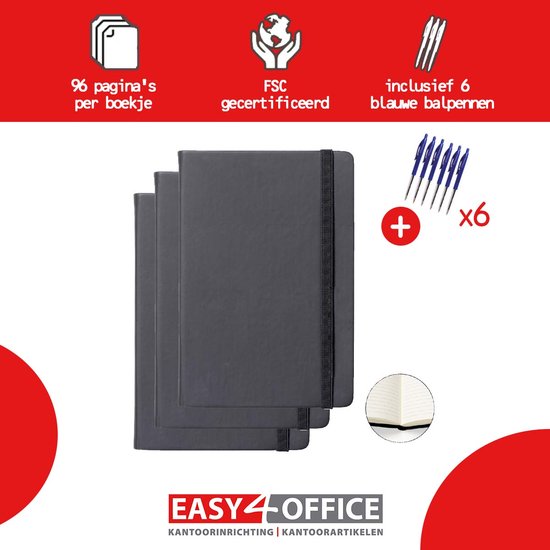 Easy4Office Notitieboek A5 zwart 3 stuks + 6 balpennen blauw schrijvend met drukknop
