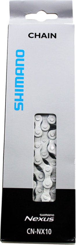 Shimano kettingverpakking met een raam dat een zilverkleurige 114-schakel ketting toont. "SHIMANO Nexus CN-NX10"