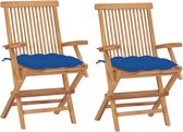 Decoways - Tuinstoelen 2 stuks met blauwe kussens massief teakhout