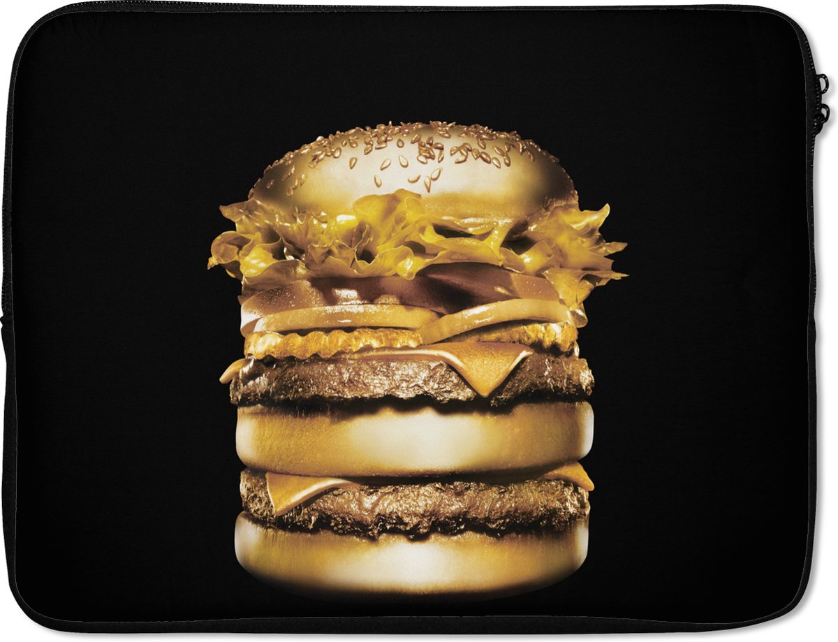 Laptophoes 17 inch - Gouden hamburger op een zwarte achtergrond. - Laptop sleeve - Binnenmaat 41x28 cm - Zwarte achterkant