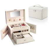 UNIQ XL Sieradendoos met Spiegel en 20 Compartimenten - Juwelen Box met extra kleine reisdoos - Sieradenhouder - Ketting, Armband, Ring, Oorbellen & Horloges - Wit