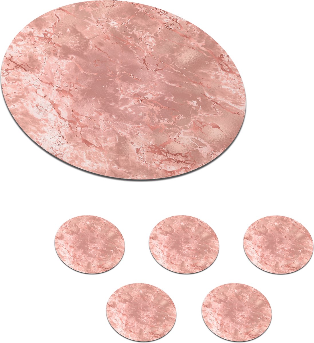 Onderzetters voor glazen - Rond - Marmer - Wit - Roze - 10x10 cm - Glasonderzetters - 6 stuks