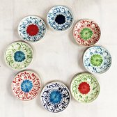 Mexicaans handgemaakt servies, gebaksbordjes, kleurrijk servies, handbeschilderd, afwasmachineproof, rood- groen
