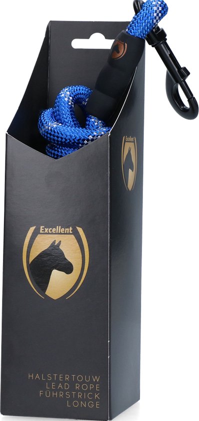Verpakking van een blauw reflecterend halstouw. Zwarte doos met paardenlogo en tekst.