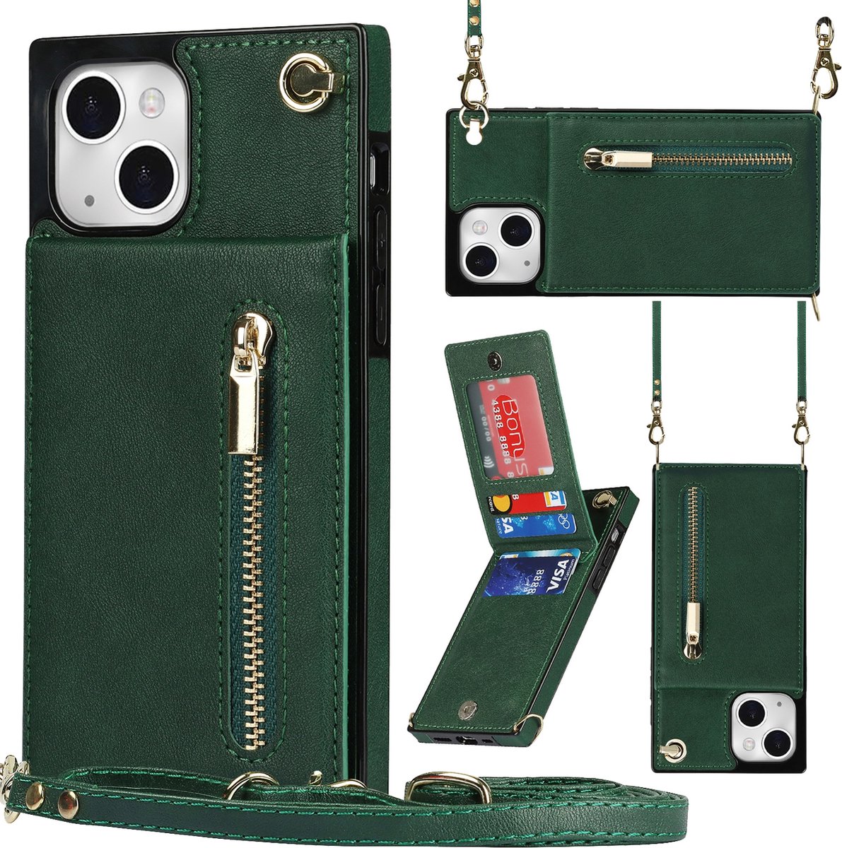 Geschikt Voor iPhone 13 Hoesje Met Koord - Solidenz Portemonnee Hoes - Telefoonhoesje Met Koord - Wallet Case - Cover Hoes Met Koordje - Backcover Met Koord - Groen