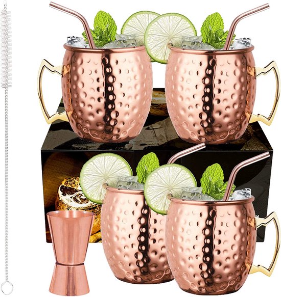 LIVEHITOP Moscow Mule Koperen Mokken Set van 2 Stuks, 18 oz Koperen Beker met Onderzetters voor Cocktail, Wijn, Bier, Koud Drankje, Thuis, Bar, Feest, Geschenken (2 LIVEHITOP Moscow Mule Koperen Mokken Set van 2 Stuks, 18 oz Koperen Beker met Onderzetters voor Cocktail, Wijn, Bier, Koud Drankje, Thuis, Bar, Feest, Geschenken (2