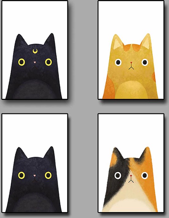 Allernieuwste Canvas SET van 4 STUKS Poesjes / Kittens - Moderne Katjes - Kleur - Set 4st. elk 30 x 40 cm