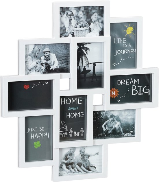 Witte fotolijst met 9 vakjes: 7 voor foto's en 2 met tekst 'Home Sweet Home', 'Just Be Happy', 'Life Is A Journey' en 'Dream Big'.