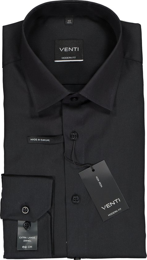 VENTI modern fit overhemd - mouwlengte 7 - zwart - Strijkvrij - Boordmaat: