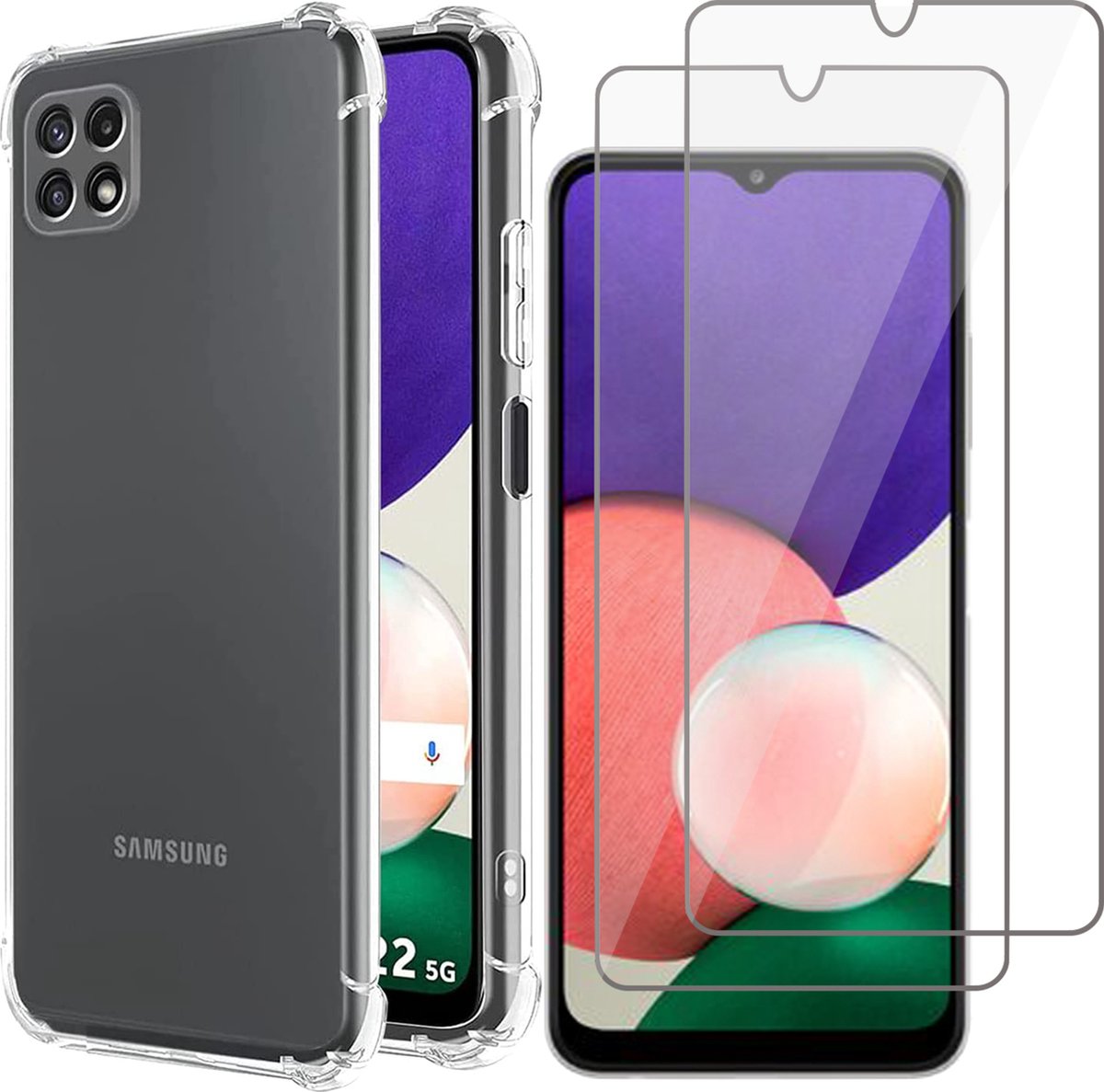 Hoesje geschikt voor Samsung Galaxy A22 5G Back Cover Anti Shock Siliconen Case Transparant Hoes - 2x Screenprotector Gehard Glas Beschermglas Tempered Glass Screen Protector