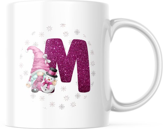 Foto: Kerst mok met afbeelding snowman gnome roze letter m kerst decoratie kerst versiering grappige cadeaus koffiemok koffiebeker theemok theebeker