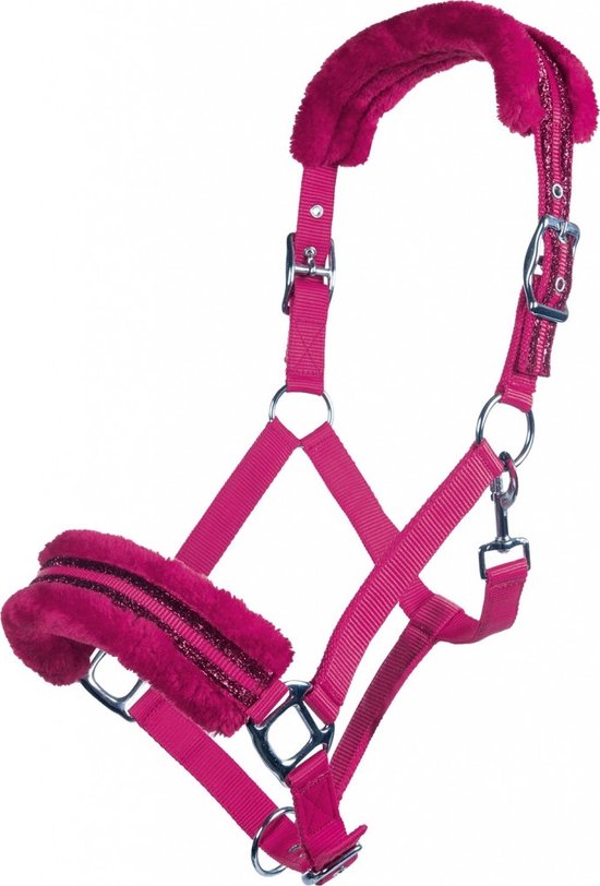 Roze nylonhalster van HKM met glitter en pluche voering, voor pony's.