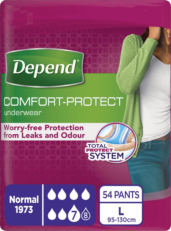 Verpakking Depend Comfort-Protect incontinentiebroekjes voor dames, maat L, 54 stuks. Beschrijving: Worry-free Protection from Leaks and Odour.
