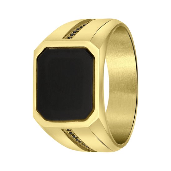 Lucardi Heren Goldplated zegelring zwart - Ring - Cadeau - Vaderdag - Staal - Goudkleurig