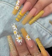 Press on nails / nagels | geel met witte bloemen