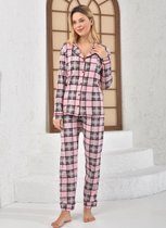 Lycra Katoen Dames 2- Delige -Pyjama- Luxe Pyjamaset- Nachtkleding Roze Met Geruit Patroon Maat XL