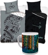 Dekbedovertrek Harry Potter- Glow in the Dark - Eenpersoons - 140 x 200 cm - Katoen, incl. Harry Potter mok school vlaggen
