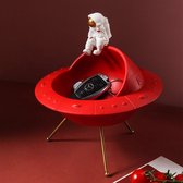 BaykaDecor - Unieke Schaal Astronaut Op UFO - Woondecoratie Maan Snoeppot - Kinderkamer Decor UFO Beeldje - Keramiek - Rood 23 cm