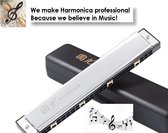 GUOGUANG® Professionele Mondharmonica - Harmonica C-majeur 24 Gaten - Voor Volwassenen & Kinderen - Met Bewaardoos + Doekje + Gratis Muzieknotatie Bladmuziekclip - Zilveren Kleur- Metaal