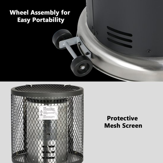 Zwarte terrasverwarmer met zilveren basis met wieltjes. Close-up van de beschermende gaaskap.