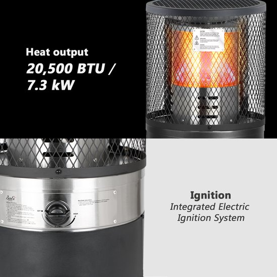 Close-up van de bedieningsknoppen van een zwarte terrasverwarmer. Met tekst over warmteafgifte en elektrische ontsteking.
