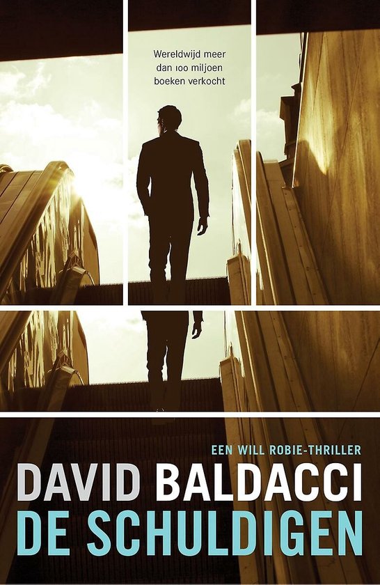 Silhouet van een man in pak op een roltrap, met tekst 'David Baldacci De Schuldigen'.