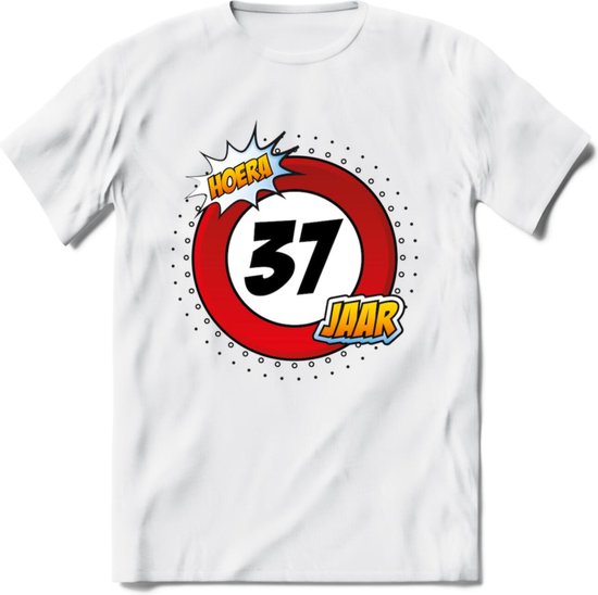 37 Jaar Hoera Verkeersbord T-Shirt | Grappig Verjaardag Cadeau | Dames - Heren | - Wit - 3XL